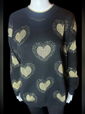 Vintage Frederick’s of Hollywood Black and Metallic Gold Heart Sweater Medium